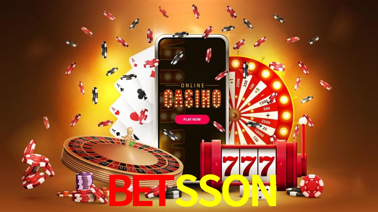 Una escena digital vívida inspirada en casino con BETSSON mostrado prominentemente, luces brillantes, fichas, cartas y acentos dorados.