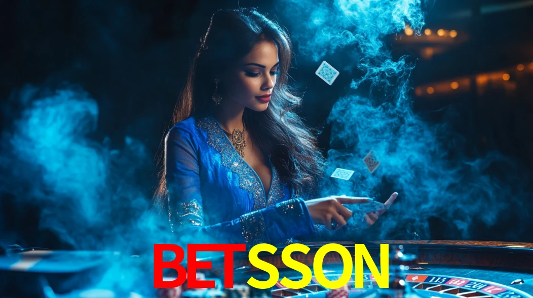 Escena dinámica inspirada en casino con iluminación BETSSON, cartas, fichas e íconos de juegos digitales en un espacio moderno de juegos.