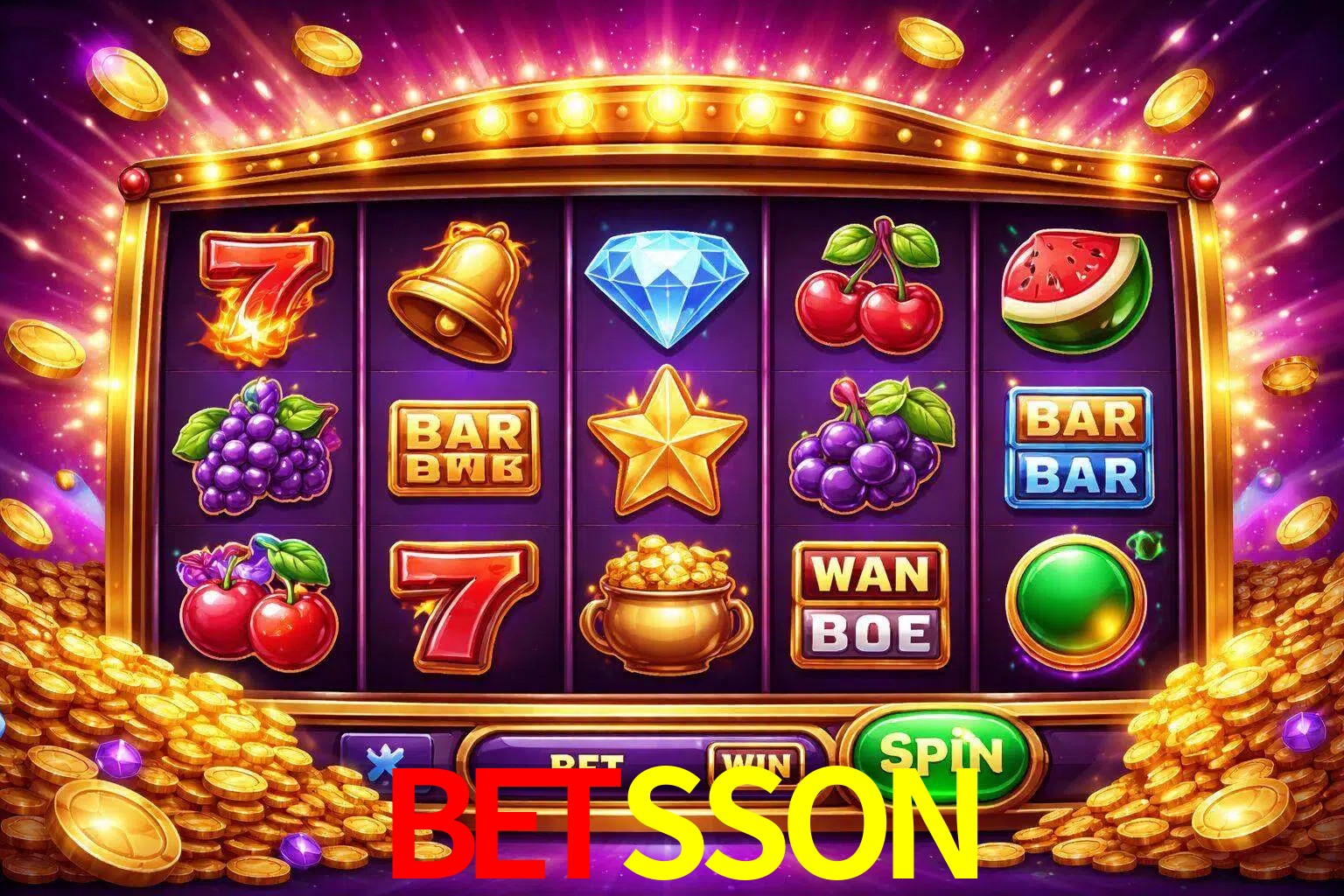 Una interfaz colorida de tragamonedas en línea con símbolos brillantes, monedas y un efecto de victoria celebratoria en BETSSON.